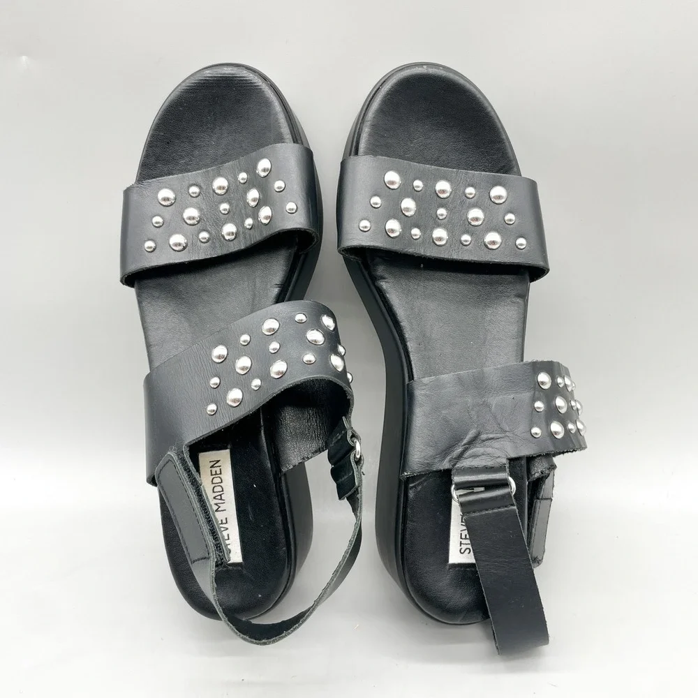 Steve Madden Womens 10 Flatform Sandals Black Leather Studded Edgy Punk 90s Y2K